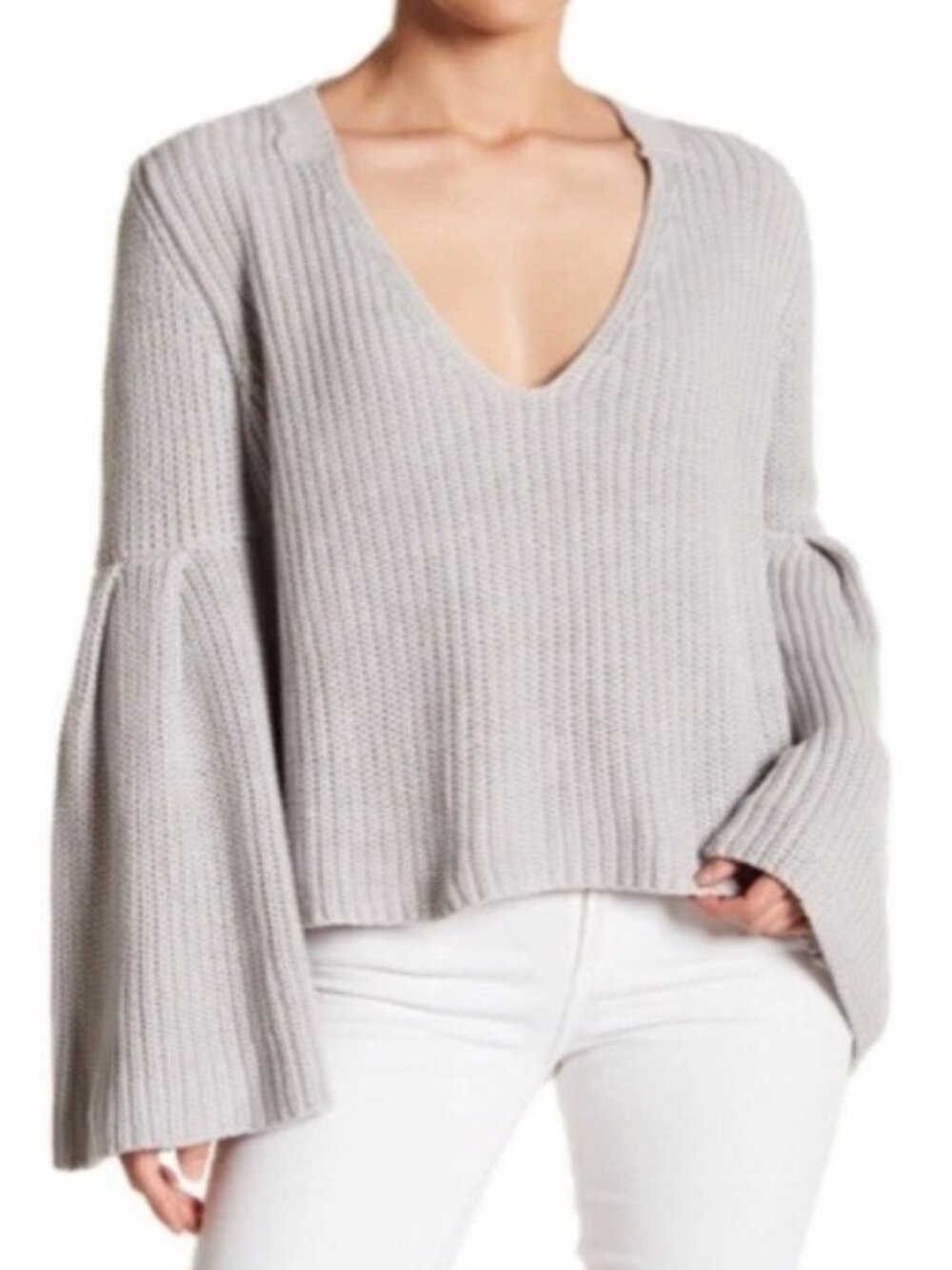 Free People Damsel Sweater Sz S Bell Sleeve Chunky Knit Light Gray Crop Warm